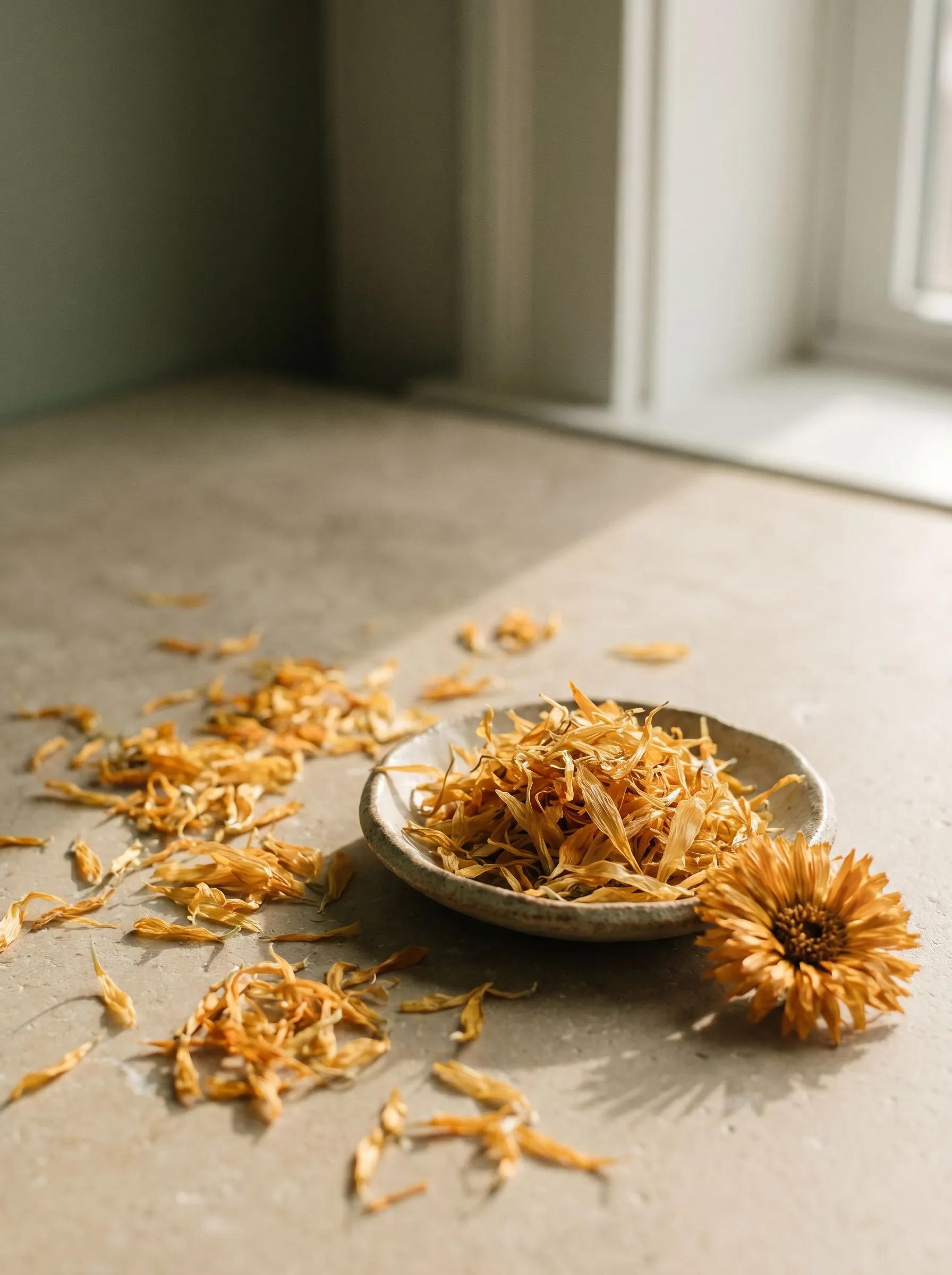 Dried calendula petals scattered around a small ceramic dish