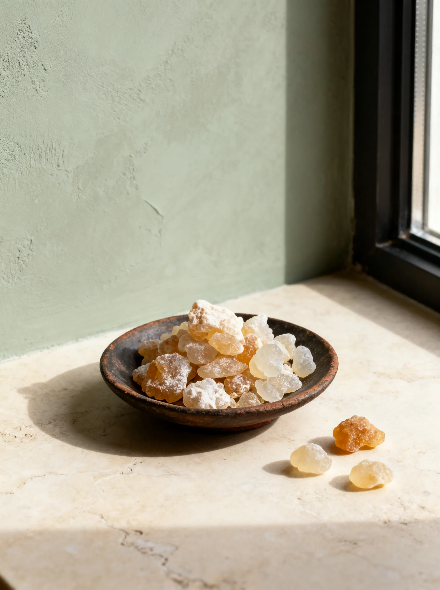 Frankincense resin tears piled in a clay dish on a limestone sill